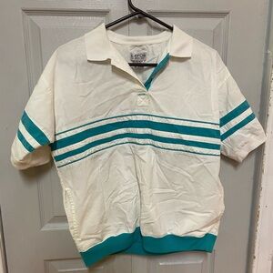 White and teal vintage polo shirt-Medium but arms are a bit tight.